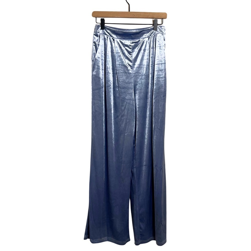 Christian Lacroix NWT Steel Blue Velvet Wide Leg‎ High Waisted Pants Size Medium